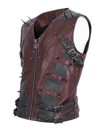 Devil Fashion Wine Red Gothic Punk Spiked Faux Leather Zip-Up