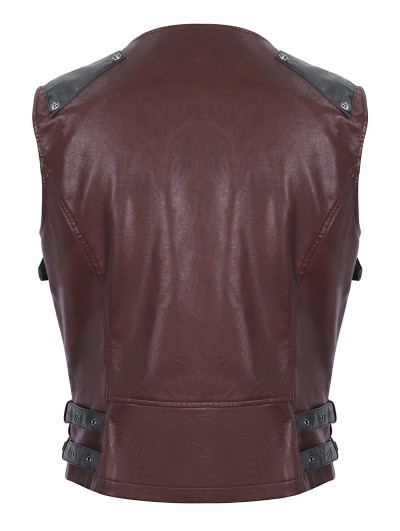 Devil Fashion Wine Red Gothic Punk Spiked Faux Leather Zip-Up