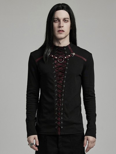 Punk Rave Black and Red Gothic Punk Mesh Splicing Long Sleeve T-Shirt for Men