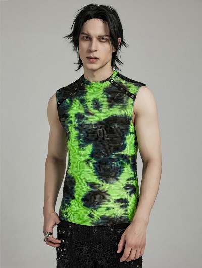 Punk Rave Black and Green Gothic Tie-Dyed Cyber Tank Top for Men