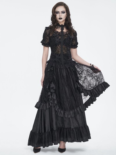 Devil Fashion Black Gothic Gorgeous Tiered Lace Ruffle Trim Maxi Party  Skirt - DarkinCloset.com