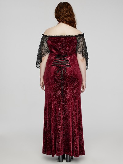 Punk Rave Black and Red Gothic Romantic Off-Shoulder Embossed Velvet Plus  Size Long Dress - DarkinCloset.com