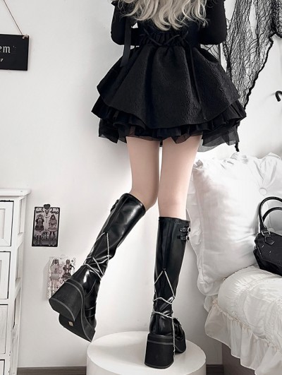 Gothic ゴシックパンク レディース PUNK CROSS Black Gothic Punk Cross Chain Platform Knee High Boots