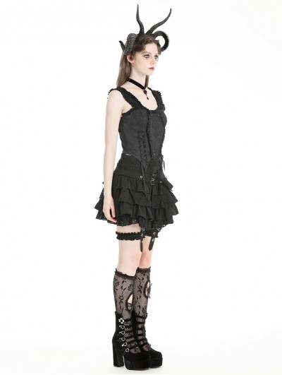 Black Gothic Layered Frilly Skirt With Leg Garter Belt