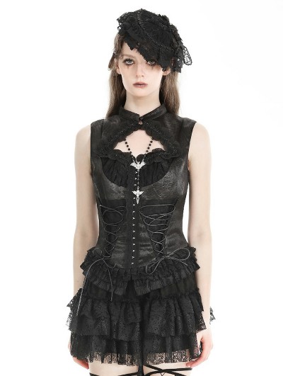 Dark in love Black Gothic Lace Ruffle Trim Tie-Up Sleeveless Top for Women