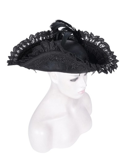 Devil Fashion Black Gothic Lace Applique Feather Pirate Hat