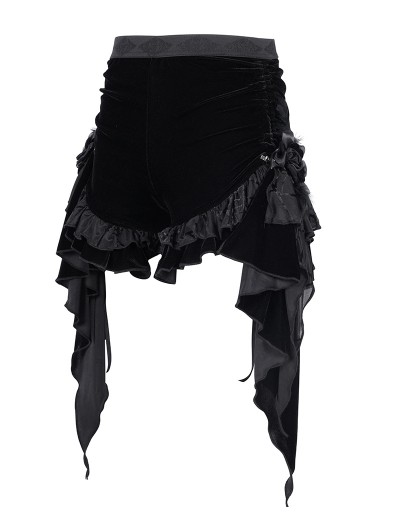 【WONDER WONDER】Henny Dot Velvet Frill Skirt Pants Devil Fashion Black Gothic Ruched Ruffle Trim Velvet Hot