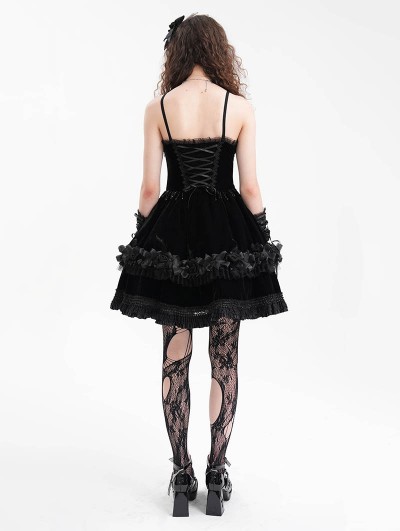 Devil Fashion Black Gothic Velvet Chain 3D Flower Short Party Slip