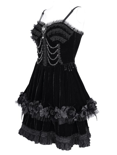 Devil Fashion Black Gothic Velvet Chain 3D Flower Short Party Slip Dress - DarkinCloset.com Devil Fashion Black Gothic Velvet Chain 3D Flower Short Party Slip Dress - DarkinCloset.com