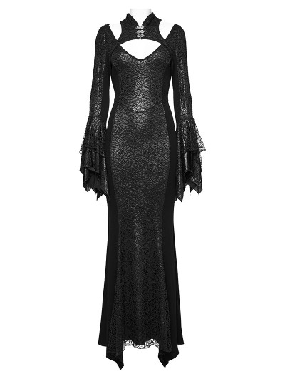 Punk Rave Black Gothic Retro Mesh Irregular Flared Sleeve Long Fishtail  Dress - DarkinCloset.com