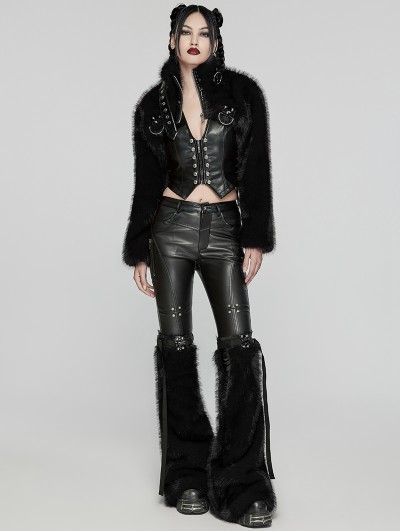 フリースジャケット [Elfelfelf Archives]24/Women Buckle Fur Jacket Black Punk Rave Black Gothic Punk Personalized Zipper Short Fur