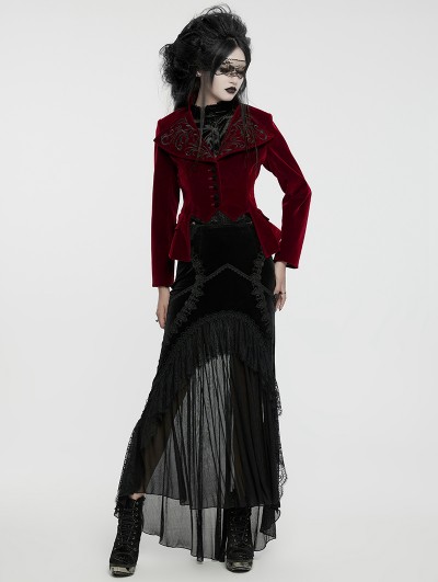 Punk Rave Red Retro Gothic Embroidered Stand Collar Velvet Coat