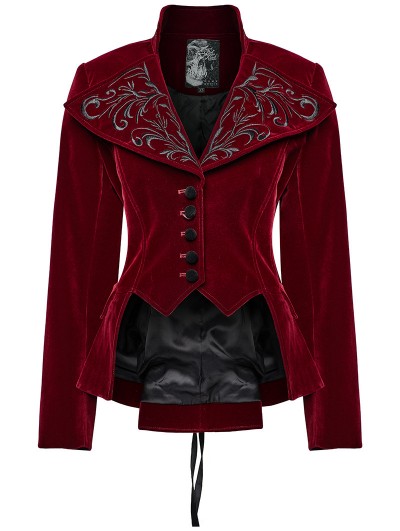 Punk Rave Red Retro Gothic Embroidered Stand Collar Velvet Coat