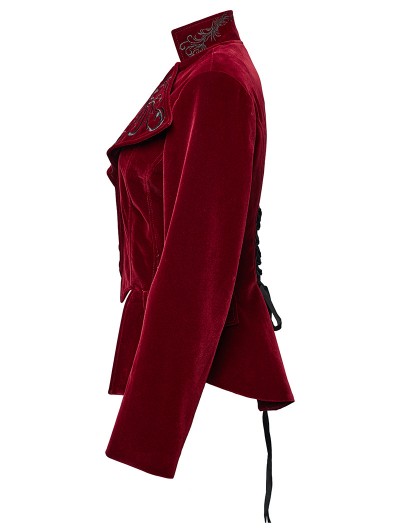 Punk Rave Red Retro Gothic Embroidered Stand Collar Velvet Coat