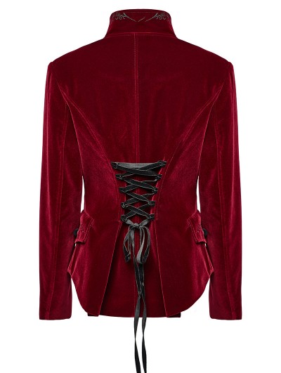 Punk Rave Red Retro Gothic Embroidered Stand Collar Velvet Coat