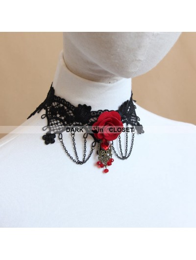 Red Flower Black Lace Gothic Necklace