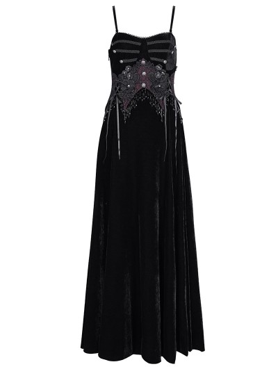 Eva Lady Black Gothic Retro Floral Embroidered Velvet Maxi Slip Party Dress  - DarkinCloset.com