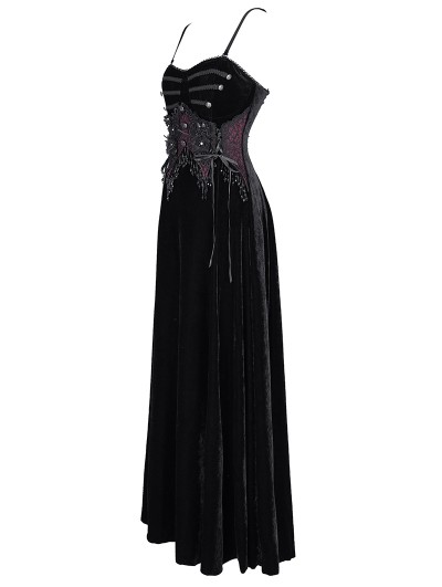 Eva Lady Black Gothic Retro Floral Embroidered Velvet Maxi Slip Party Dress  - DarkinCloset.com