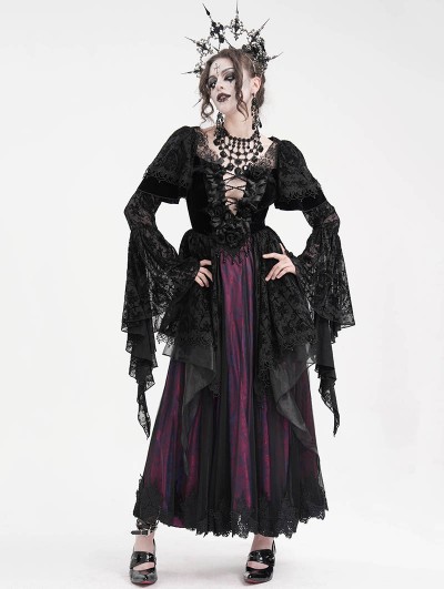 Eva Lady Black and Purple Gothic Retro Sexy Ruffled Lace Flared Sleeve Long Party Dress - DarkinCloset.com Eva Lady Black and Purple Gothic Retro Sexy Ruffled Lace Flared Sleeve Long Party Dress - DarkinCloset.com