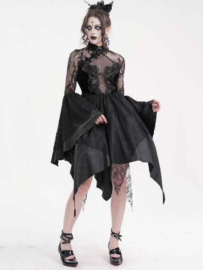 Eva Lady Black Vintage Gothic Cheongsam Collar Lace Irregular Short Party  Dress - DarkinCloset.com