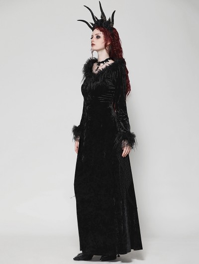 Dark in love Black Gothic Dark Velvet Faux Fur Trim Long Sleeve Maxi Dress  - DarkinCloset.com