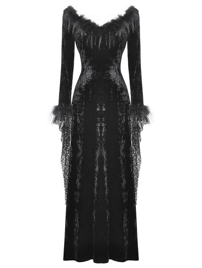 Dark in love Black Gothic Dark Velvet Faux Fur Trim Long Sleeve Maxi Dress  - DarkinCloset.com
