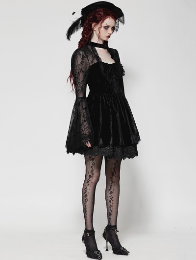 Dark in love Black Gothic Dark Floral Jacquard Velvet Lace Short Dress -  DarkinCloset.com
