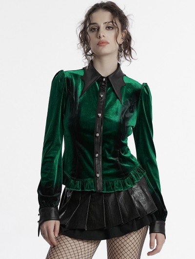 Punk Rave Green Gothic Gradient Velvet Bat Collar Long Sleeve Shirt for Women