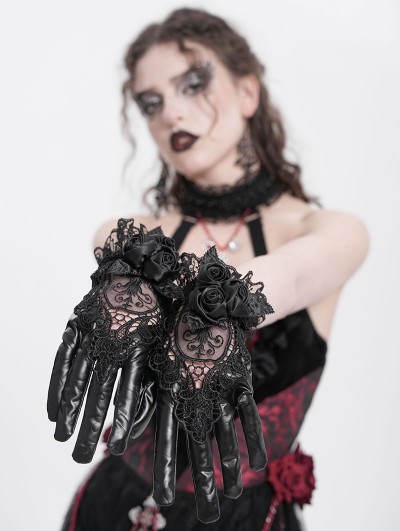 Eva Lady Black Gothic Retro Ruffled Lace Faux Leather Gloves for Women - DarkinCloset.com Eva Lady Black Gothic Retro Ruffled Lace Faux Leather Gloves for Women - DarkinCloset.com