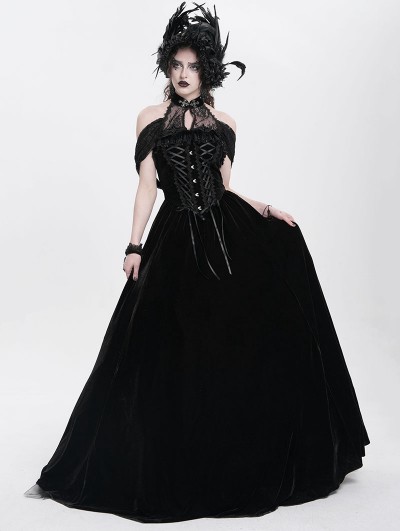 Eva Lady Black Gothic Vintage Lace Spliced Velvet Halter Long Party Dress -  DarkinCloset.com