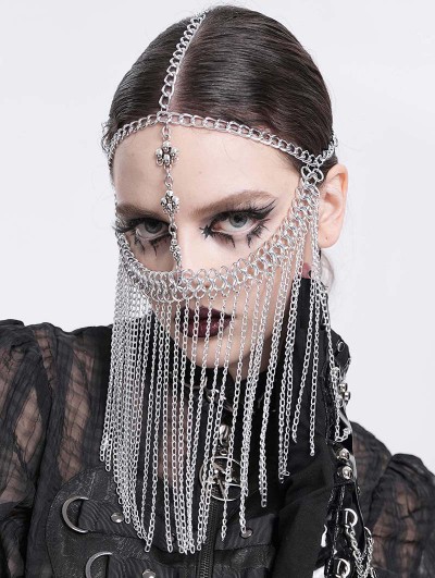 Devil Fashion Gothic Punk Silver Cross Skull Face Chain Tassel Headdress