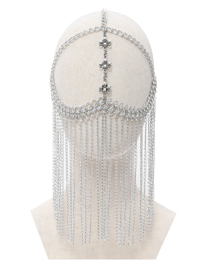 Devil Fashion Gothic Punk Silver Cross Skull Face Chain Tassel Headdress