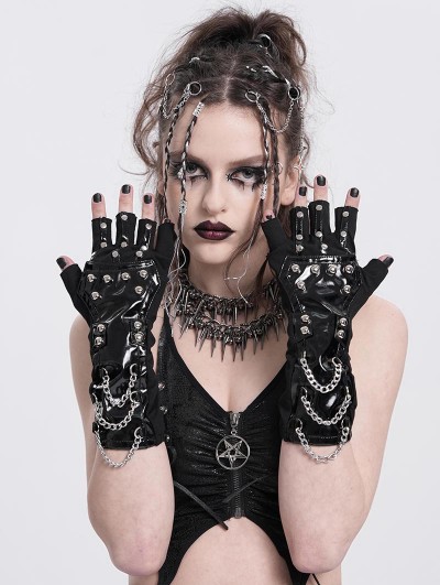 Devil Fashion Black Gothic Punk Studded Faux Leather Gloves for Women