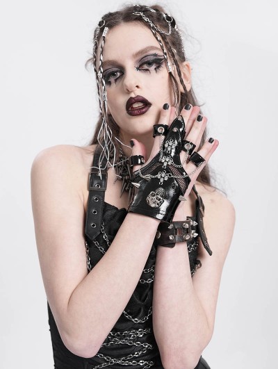 Devil Fashion Black Gothic Punk Skull Spike Studded Finger Gloves for Women
