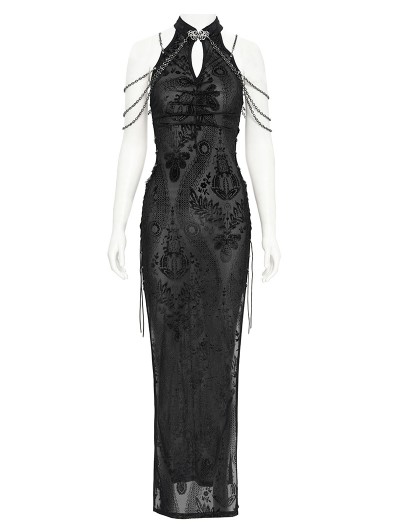 Devil Fashion Black Sexy Gothic Cheongsam Style Chain Straps High Slit Maxi  Dress - DarkinCloset.com