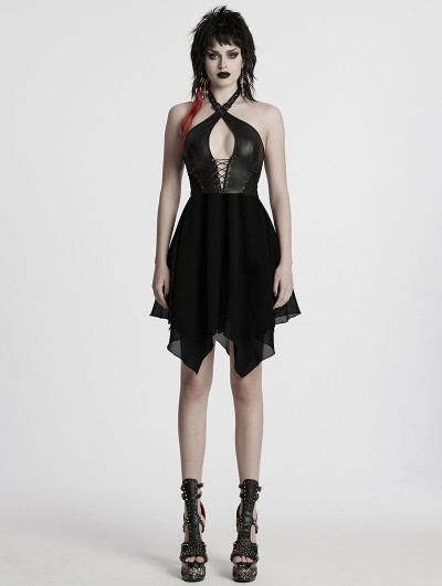 Black Sexy Gothic Punk Hollow Out Cross Halter Neck Short Dress