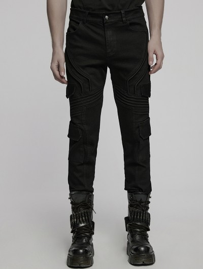 Punk Rave Black Gothic Punk Flap Pocket Slim Denim Pants for Men
