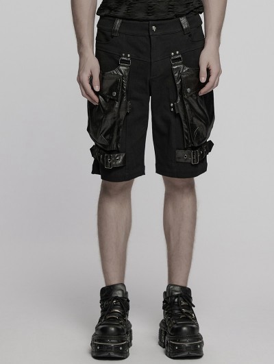 Punk Rave Black Gothic Punk Buckle Strap 3D Pocket Short Pants for Men