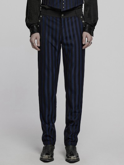 Punk Rave Black and Blue Gothic Steampunk Striped Slim Fit Pants for Men
