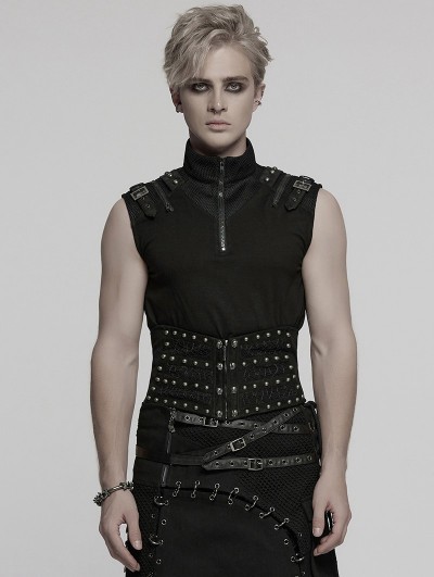 Punk Rave Black Gothic Punk Studded Front Zipper Corset Waistband for Men