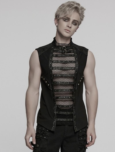 Punk Rave Black Gothic Punk Vision Studded Mesh Vest Top for Men