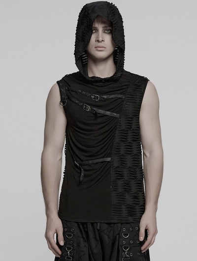 Punk Rave Black Gothic Punk Asymmetrical Splicing Hooded Sleeveless T-Shirt for Men
