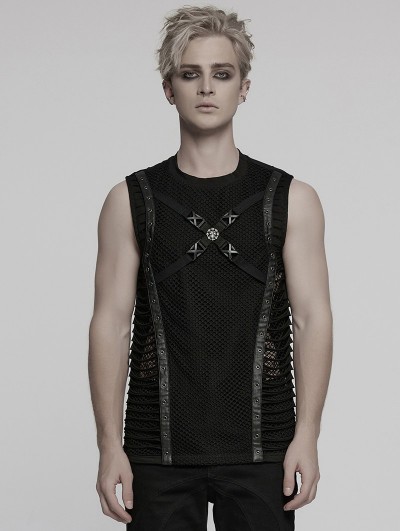 Punk Rave Black Gothic Punk Mesh Cutout Vest Top for Men