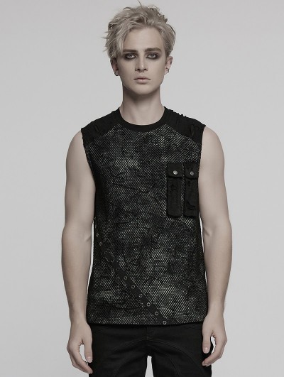 Punk Rave Black Gothic Punk Mesh Splicing Vest Top for Men