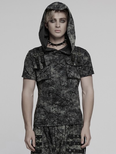 Punk Rave Black and Gray Gothic Punk Hooded Cracked Knitted Short Sleeve T-Shirt for Men