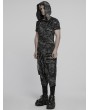 Punk Rave Black and Gray Gothic Punk Hooded Cracked Knitted Short Sleeve T-Shirt for Men