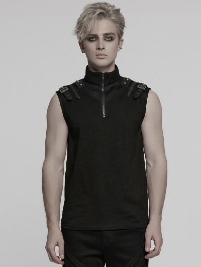 Punk Rave Black Gothic Punk Knitted Sleeveless T-Shirt for Men