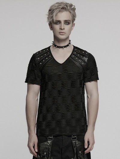 Punk Rave Black Gothic Punk Handsome Tattered Knitted Men's Short Sleeve T-Shirt