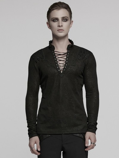 Punk Rave Black Gothic Dark Jacquard Long Sleeve T-Shirt for Men