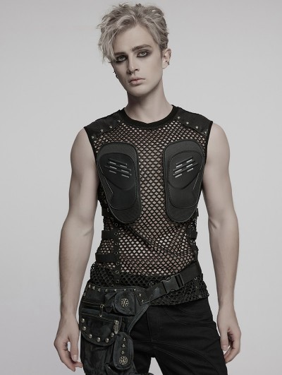 Punk Rave Black Gothic Cyber Punk Mesh Patchwork Vest Top for Men